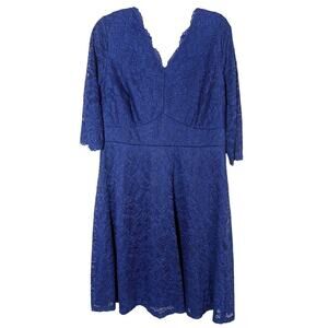 Jasambac NWT Elegant Blue Lace Double V Neck Dress Midi Sheer Sleeves Lined XL